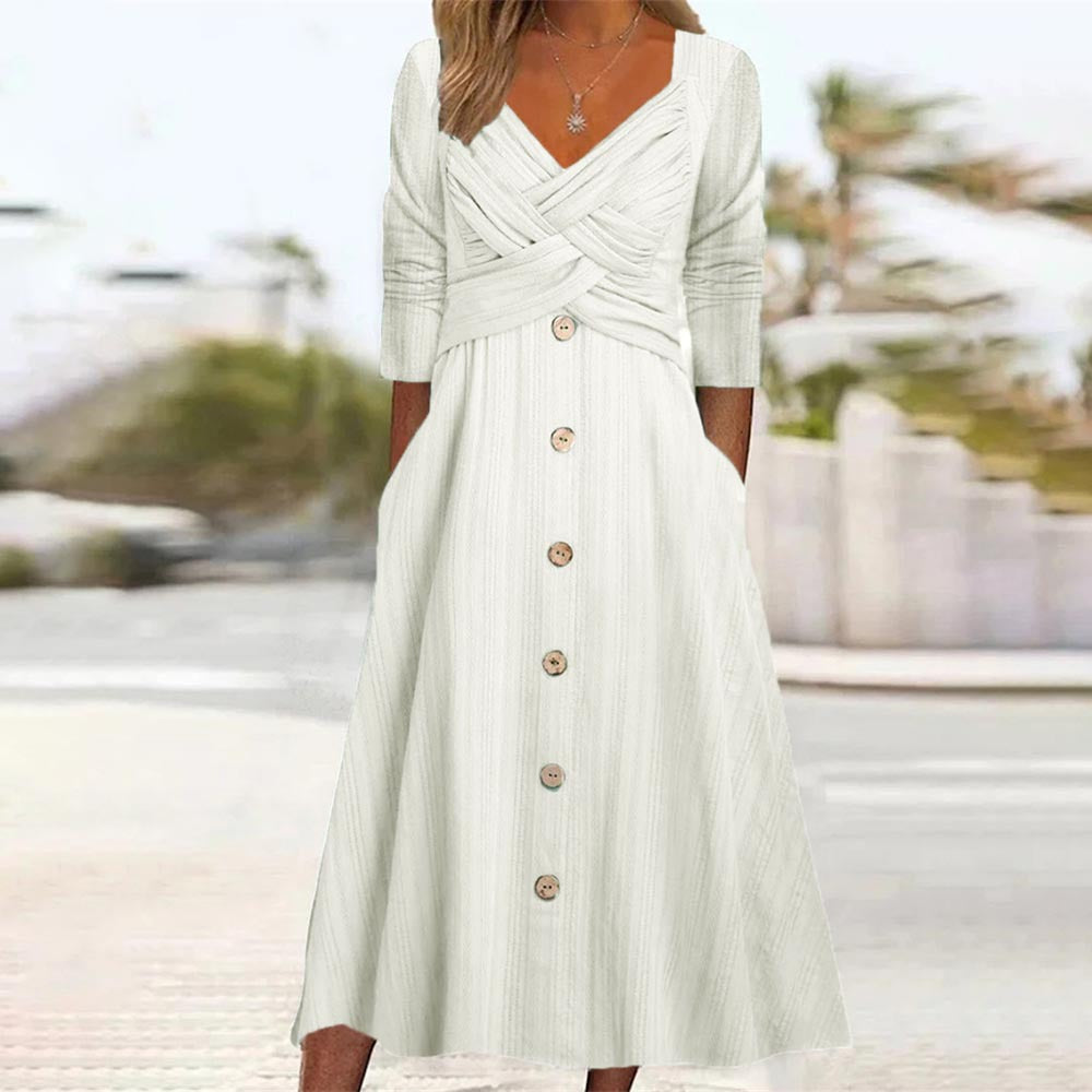 Women's Solid Color Long Sleeve Cross Button Dresses