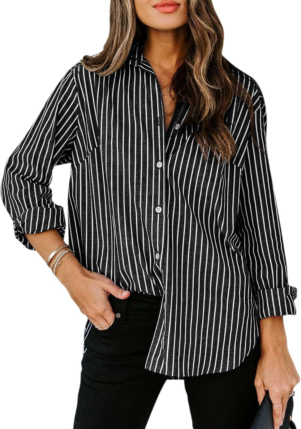 Women's Casual Striped Long-sleeved Button Shirt Blouses