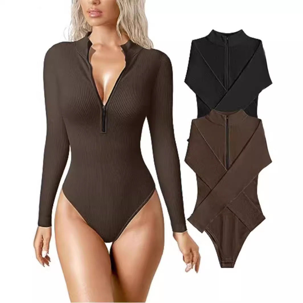 Long Sleeve Sexy Ribbed One-piece Front Jumpsuits