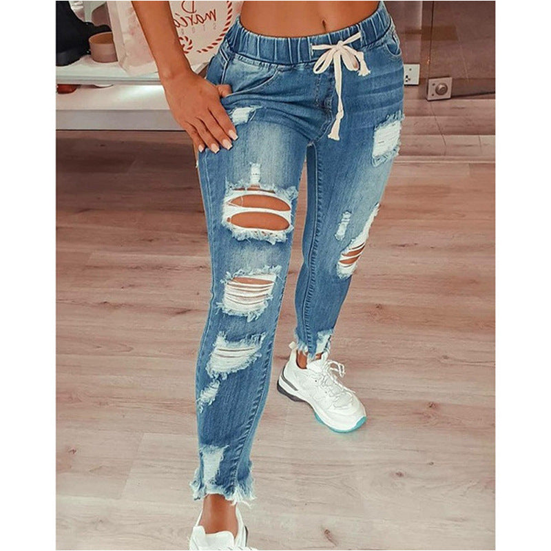 Women's Elastic Band Waist Lace Ripped Trousers Jeans