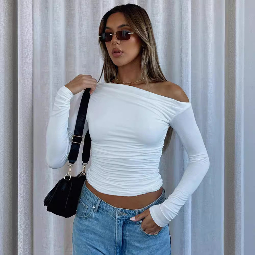 Women's Shoulder Asymmetric Solid Color Long Sleeve Sexy Tops