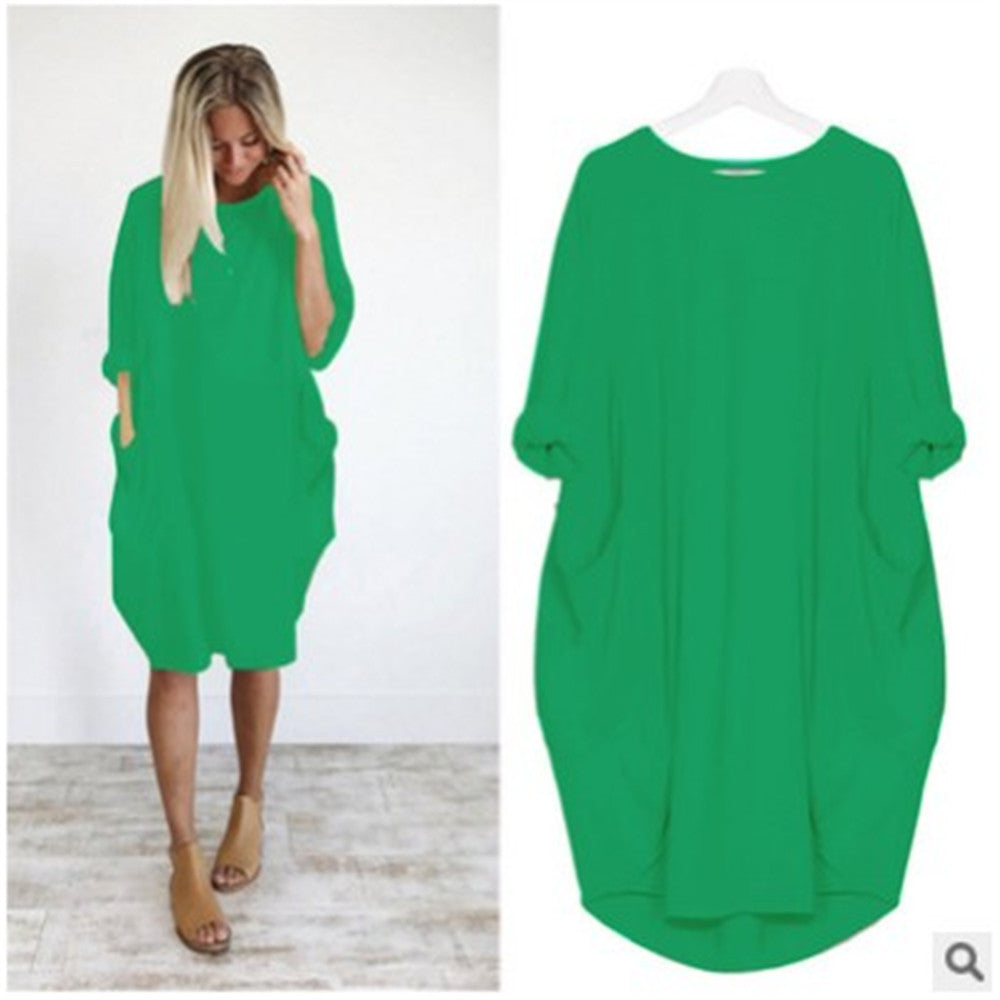 Women's Sleeve Round Neck Solid Color Loose Pockets Dresses