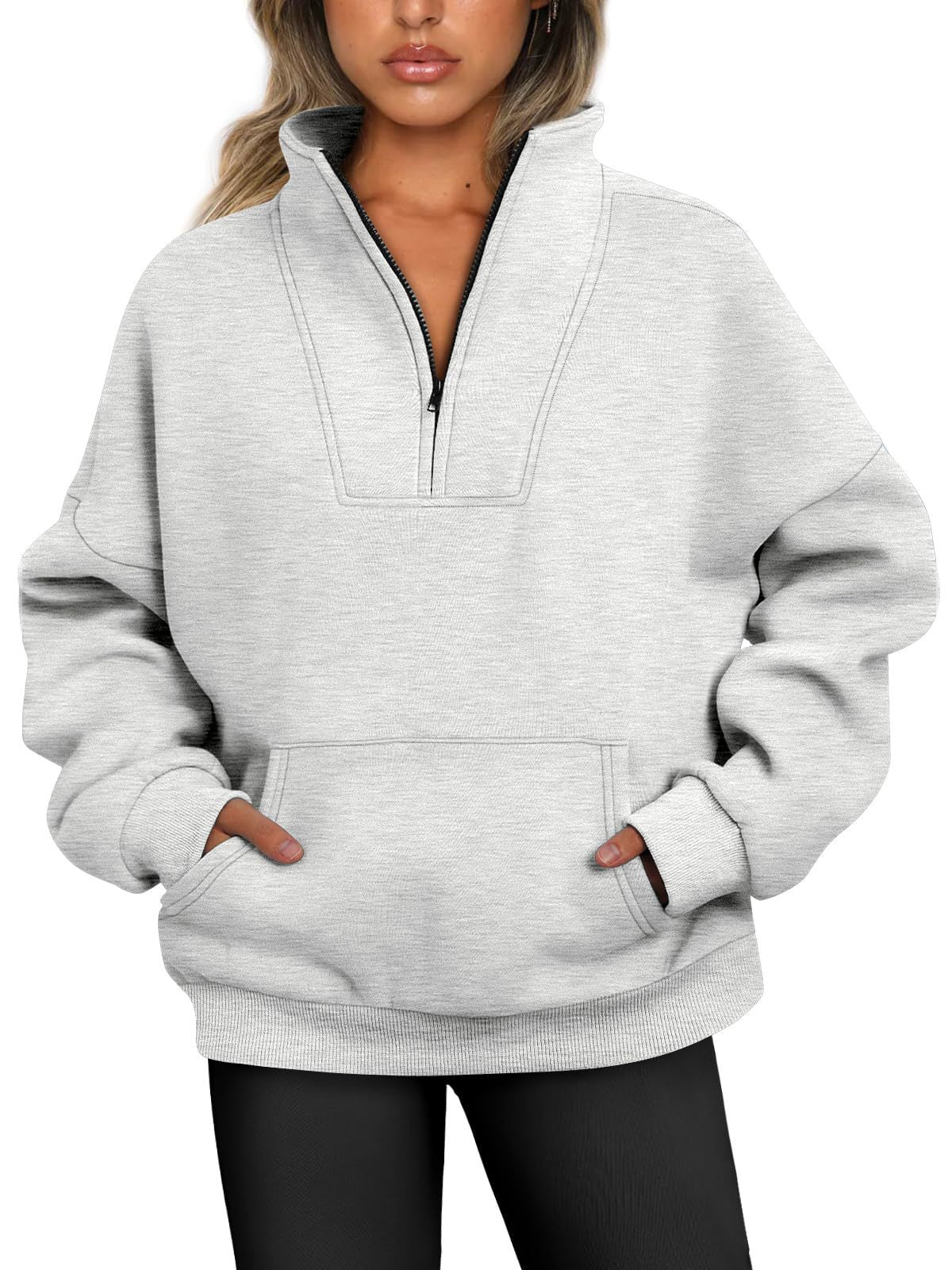 Women's Stand Collar Solid Color Hoodie Pocket Zipper Casual Tops