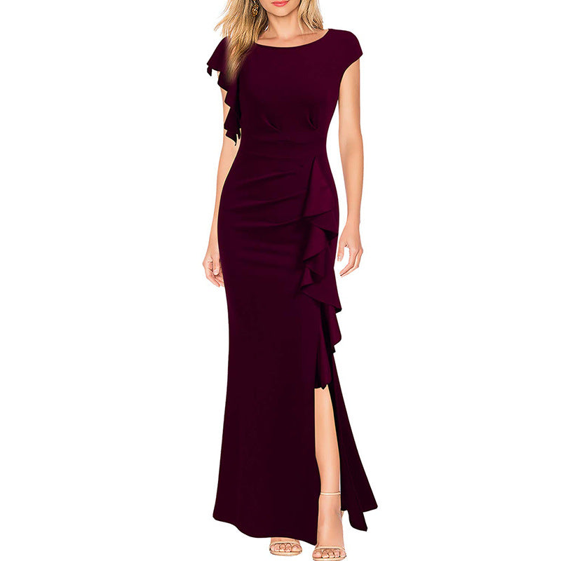 Women's Waist Slit Dress Elegant Fashion Round Neck Dresses