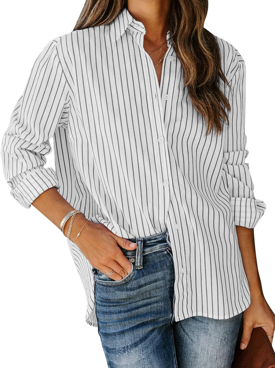 Women's Casual Striped Long-sleeved Button Shirt Blouses