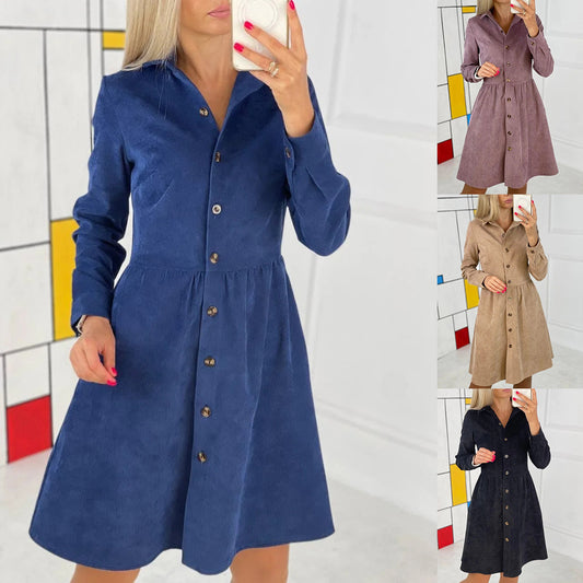 Long Sleeve Single-breasted Shirt Corduroy Dress Dresses