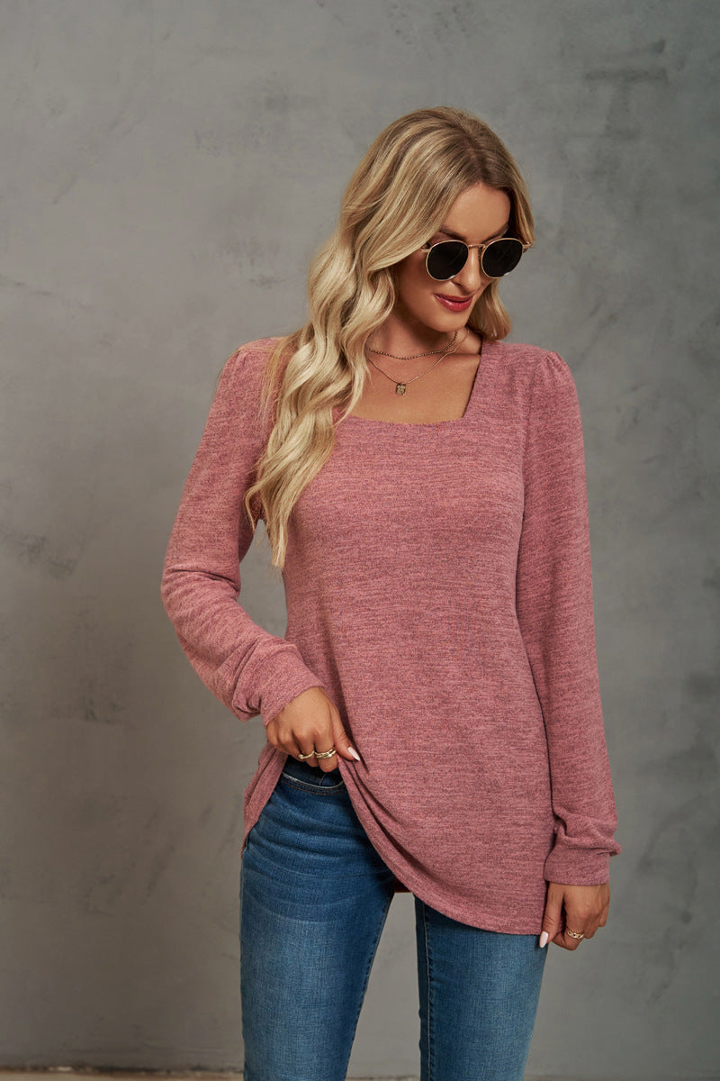 Autumn Solid Color T-shirt Collar Sleeve Tops