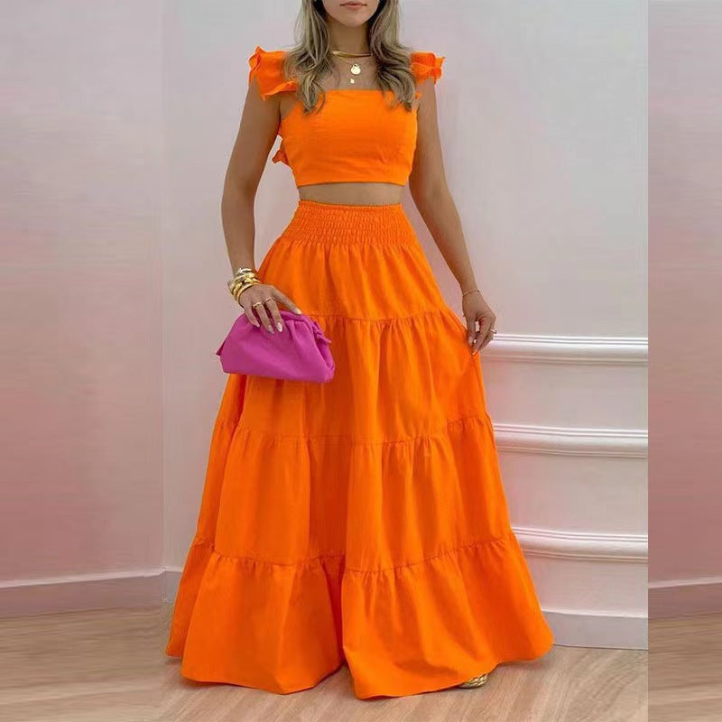 Summer Temperament Sexy Backless Solid Color Two-piece Sling Dresses