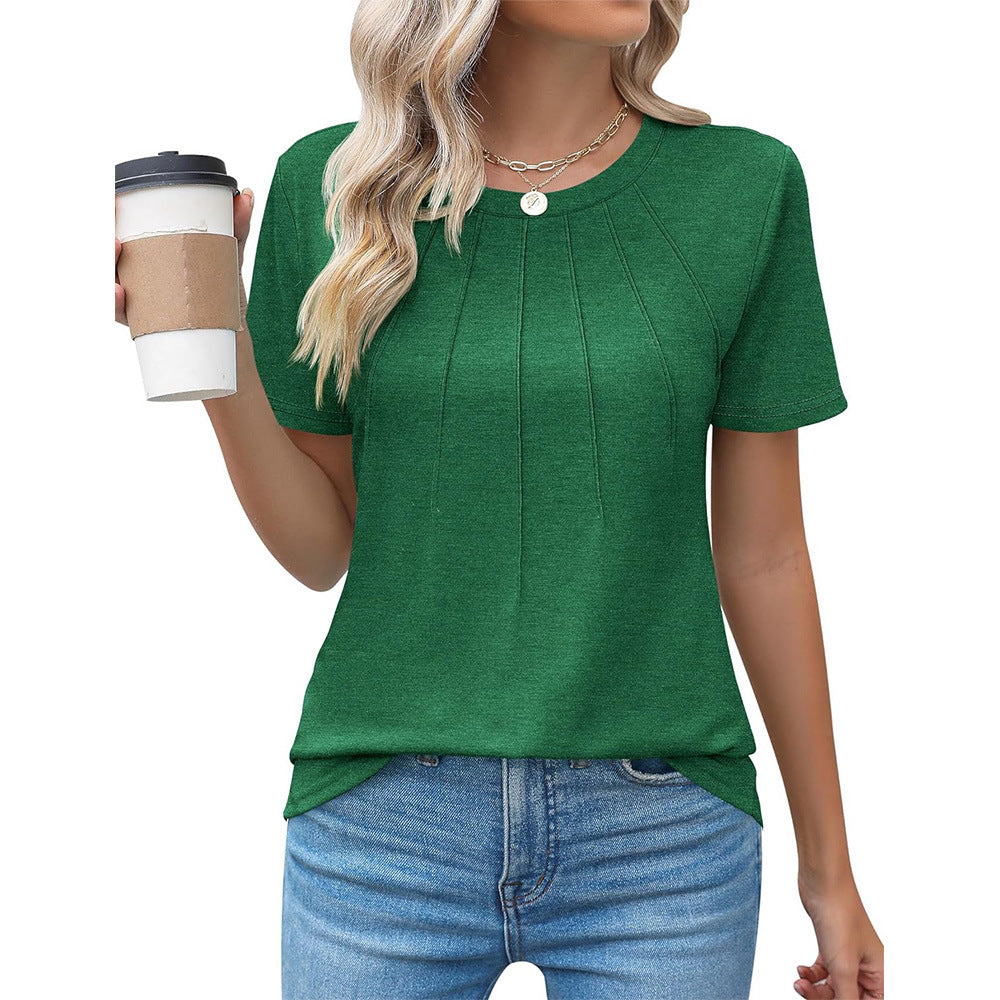 Women's Pleated Round Neck Short-sleeved T-shirt Blouses