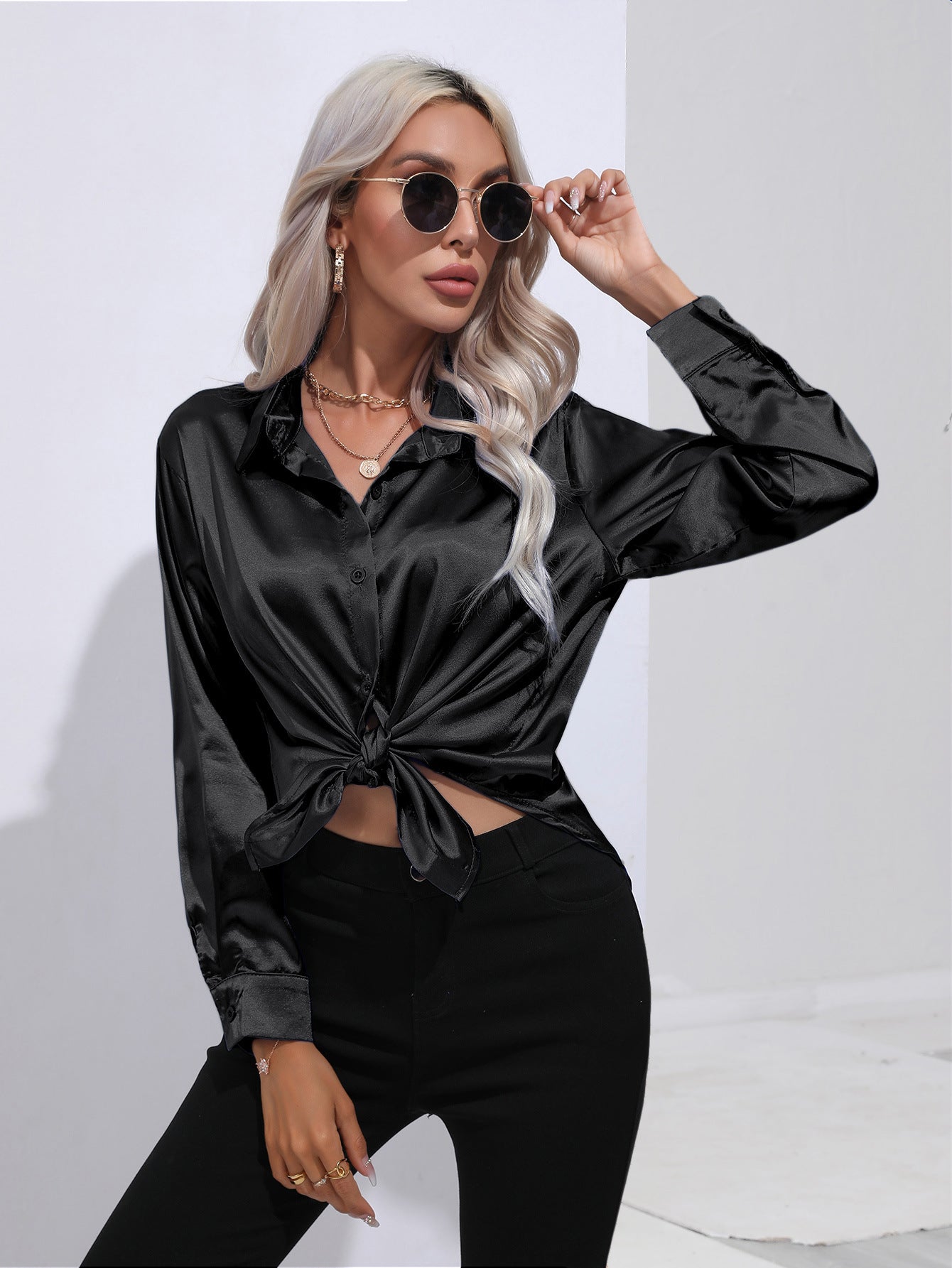 Women's Attractive Pretty Satin Shirt Long-sleeved Blouses