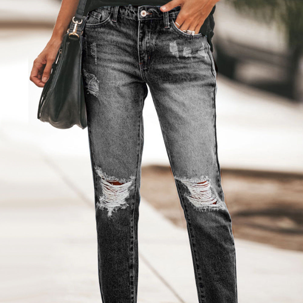 Women's Summer Denim Temperament Ripped Trousers Casual Jeans