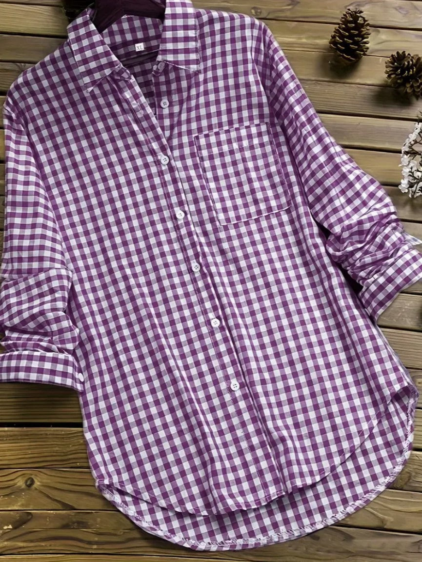 Women's Plaid Long-sleeved Shirt With Buttons For Blouses