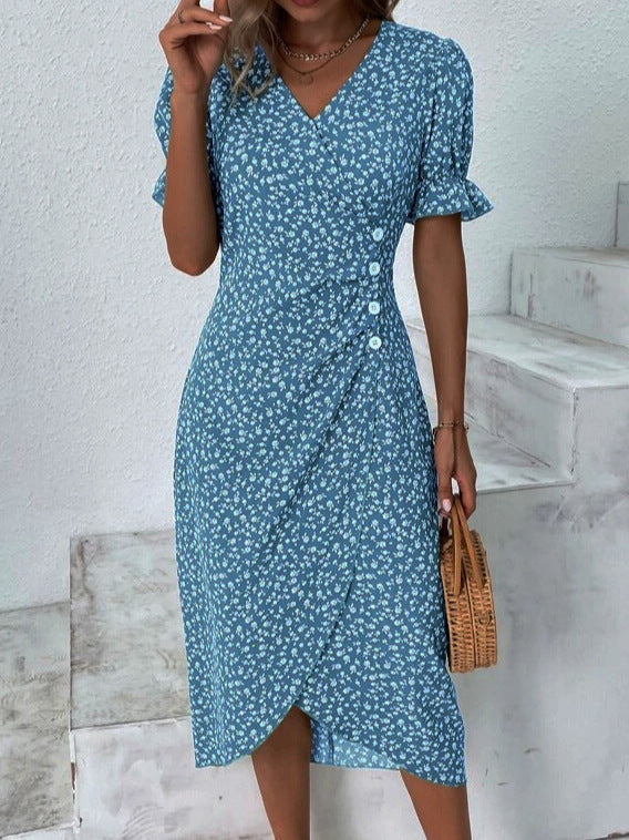 Summer Geometric Patchwork Puff Sleeve Irregular Dresses