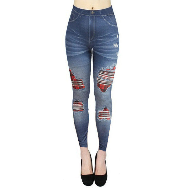 Women's High Waist Elastic Imitation Denim Fitness Leggings