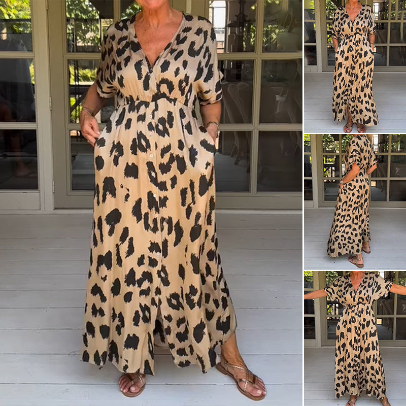 Women's Loose Casual Slit Leopard Print Printed Dresses