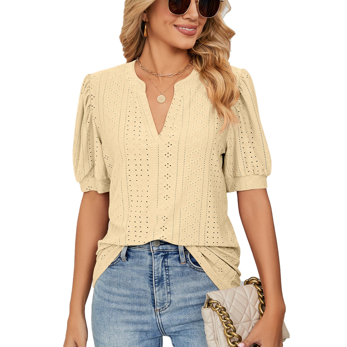 Women's Summer V-neck Solid Color Hollow Puff Blouses