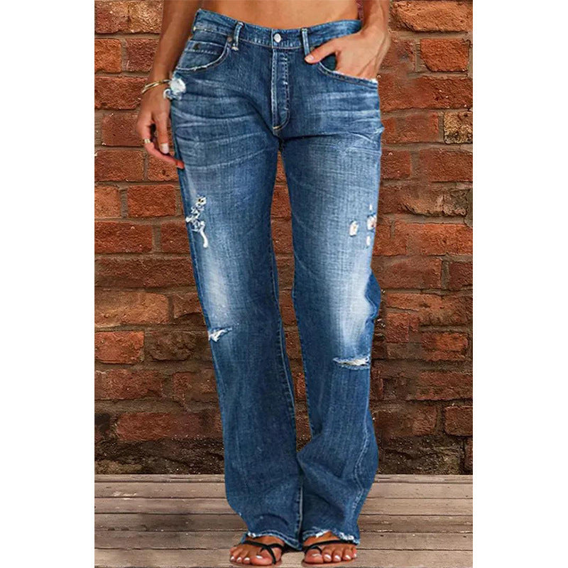 Women's Denim Trousers Trendy Mid Waist Ripped Pants