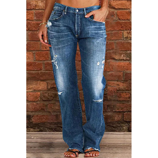 Women's Denim Trousers Trendy Mid Waist Ripped Pants