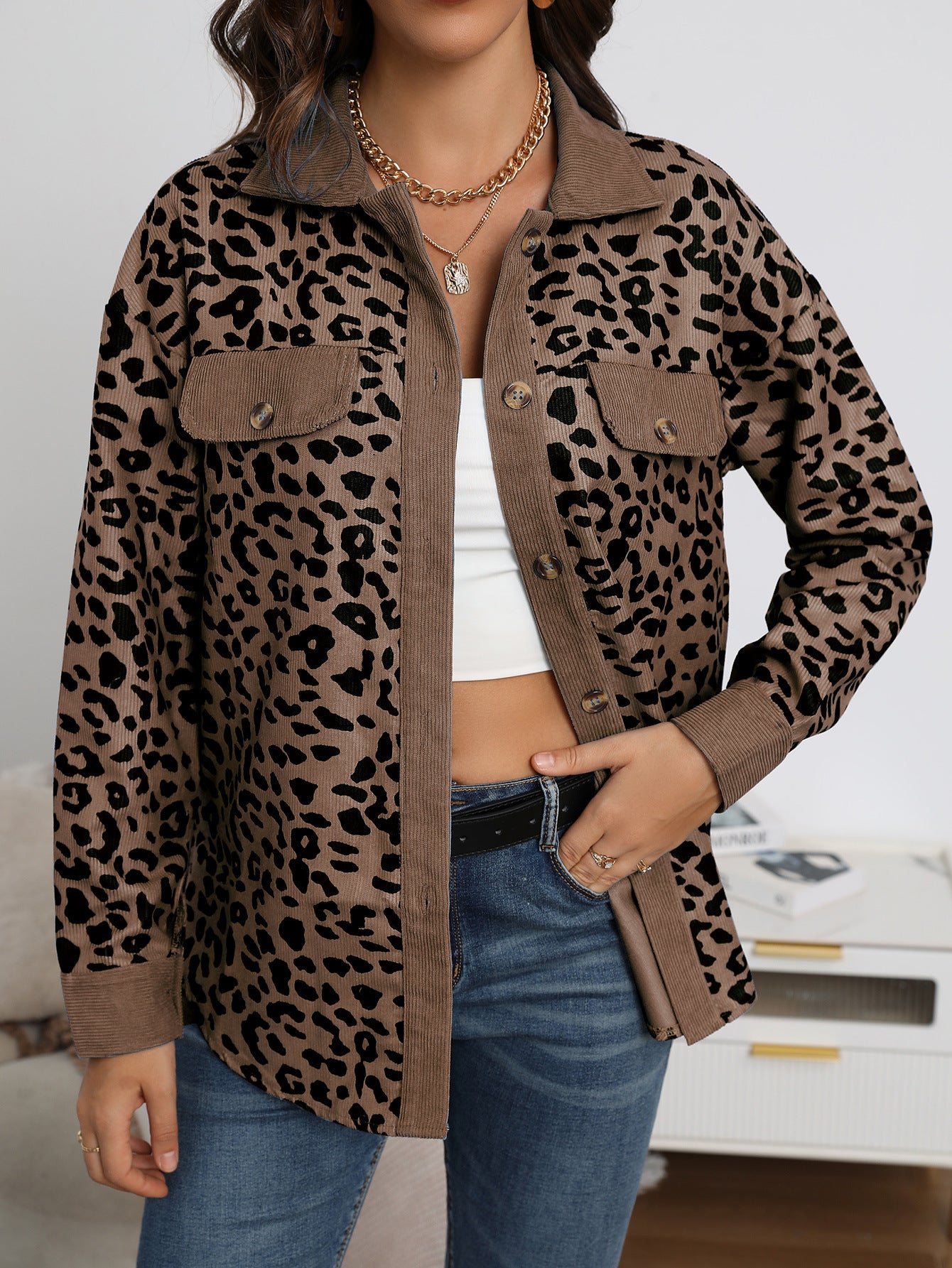 Women's Fashion Leopard Print Corduroy Button Long Jackets