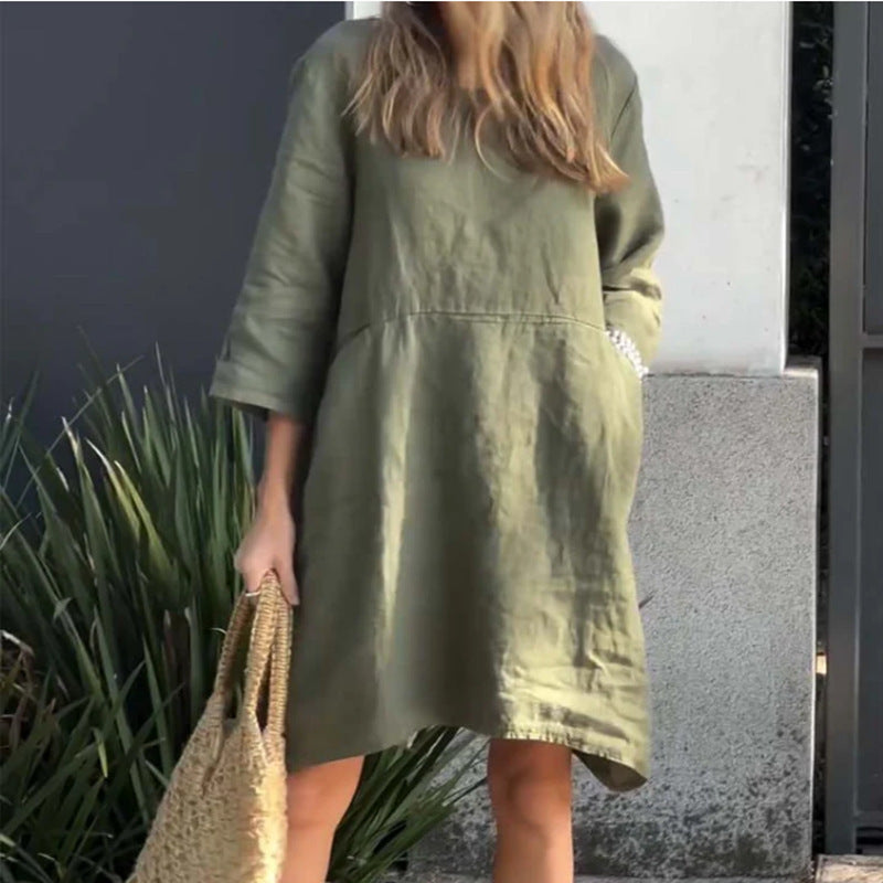 Neck Pocket Sleeve Solid Color Cotton Dresses