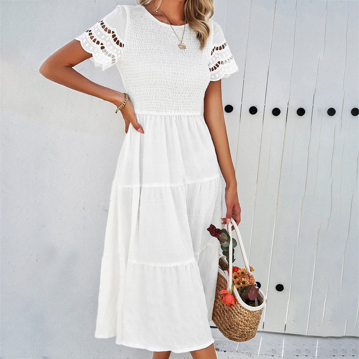 Women's Pure Color Temperament Smocking Hollow Dress Dresses