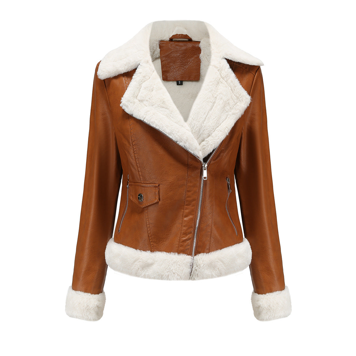 Women's Fleece Leather Warm Long Sleeves Collar Coats