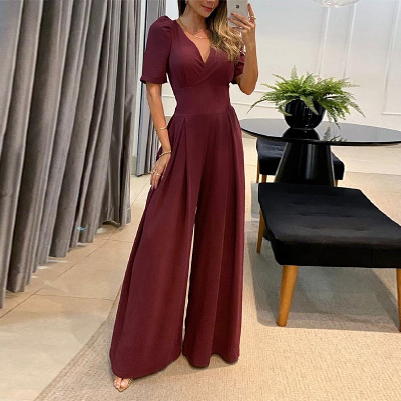 Women's Spring Temperament Leisure V-neck Lace-up High Waist Jumpsuits