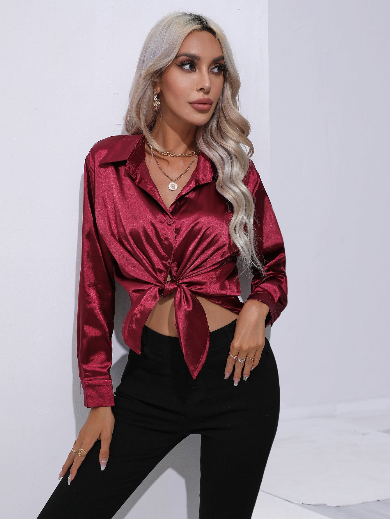 Women's Attractive Pretty Satin Shirt Long-sleeved Blouses