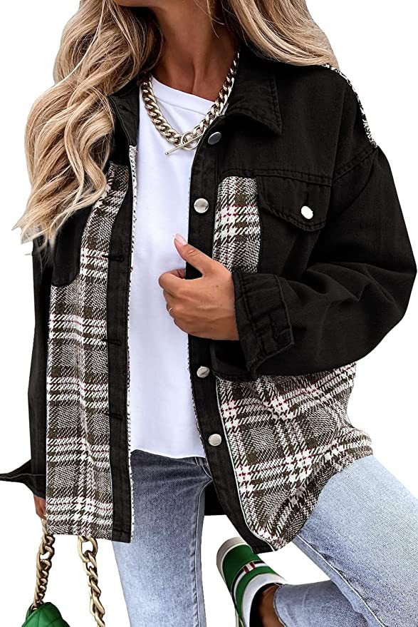 Denim Long Sleeve Plaid Button-down Shirt Tops