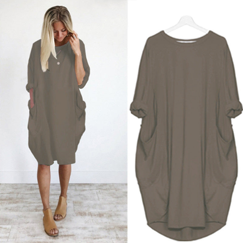 Women's Sleeve Round Neck Solid Color Loose Pockets Dresses