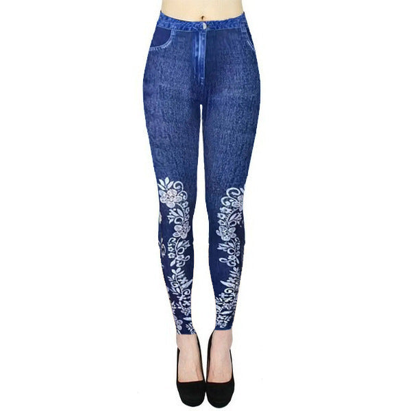 Women's High Waist Elastic Imitation Denim Fitness Leggings