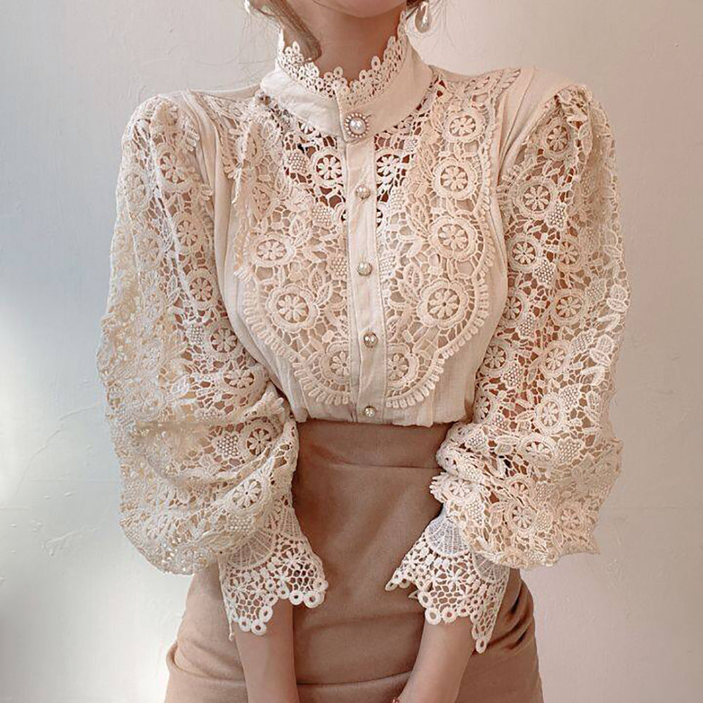 Women's Collar Cotton Solid Color Lace Hollow-out Long-sleeved Blouses