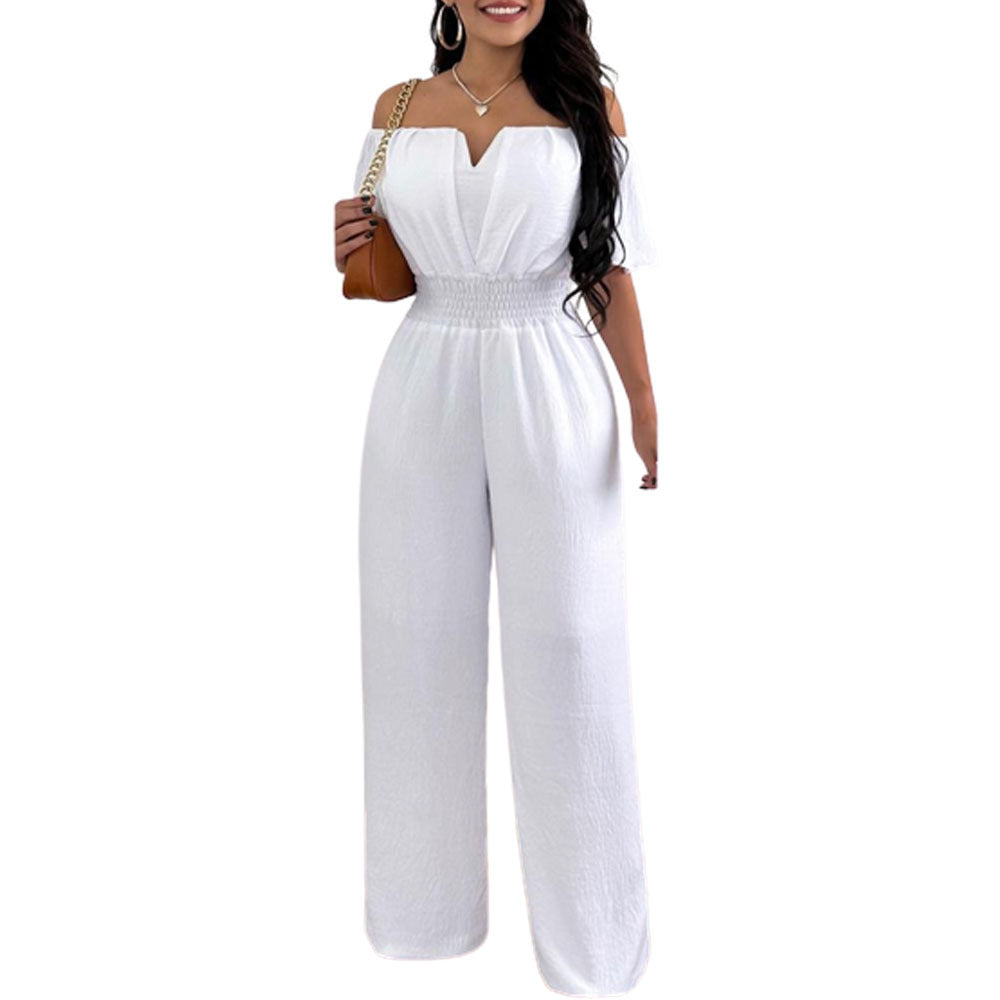 Women's Off-neck Waist Trimming Loose Straight Collar Jumpsuits