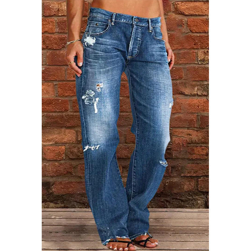 Women's Denim Trousers Trendy Mid Waist Ripped Pants