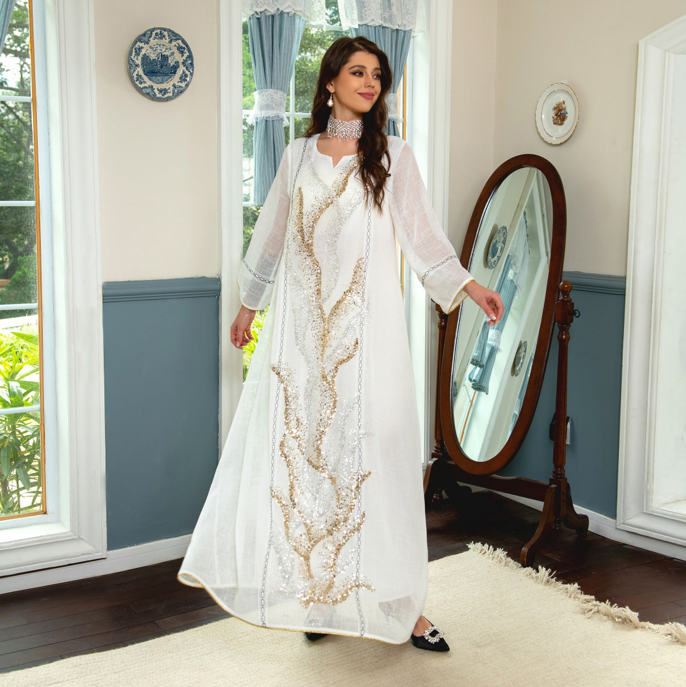 White Mesh Sequin Embroider Muslim Dress Saudi Clothing