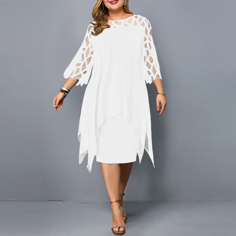 Women's Large Fashion Lace Stitching 3/4 Sleeve Irregular Hem Chiffon Dresses