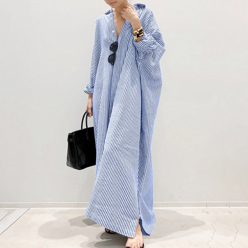 Women's Linen Stripes Shirtdress Long Sleeve Loose Dresses