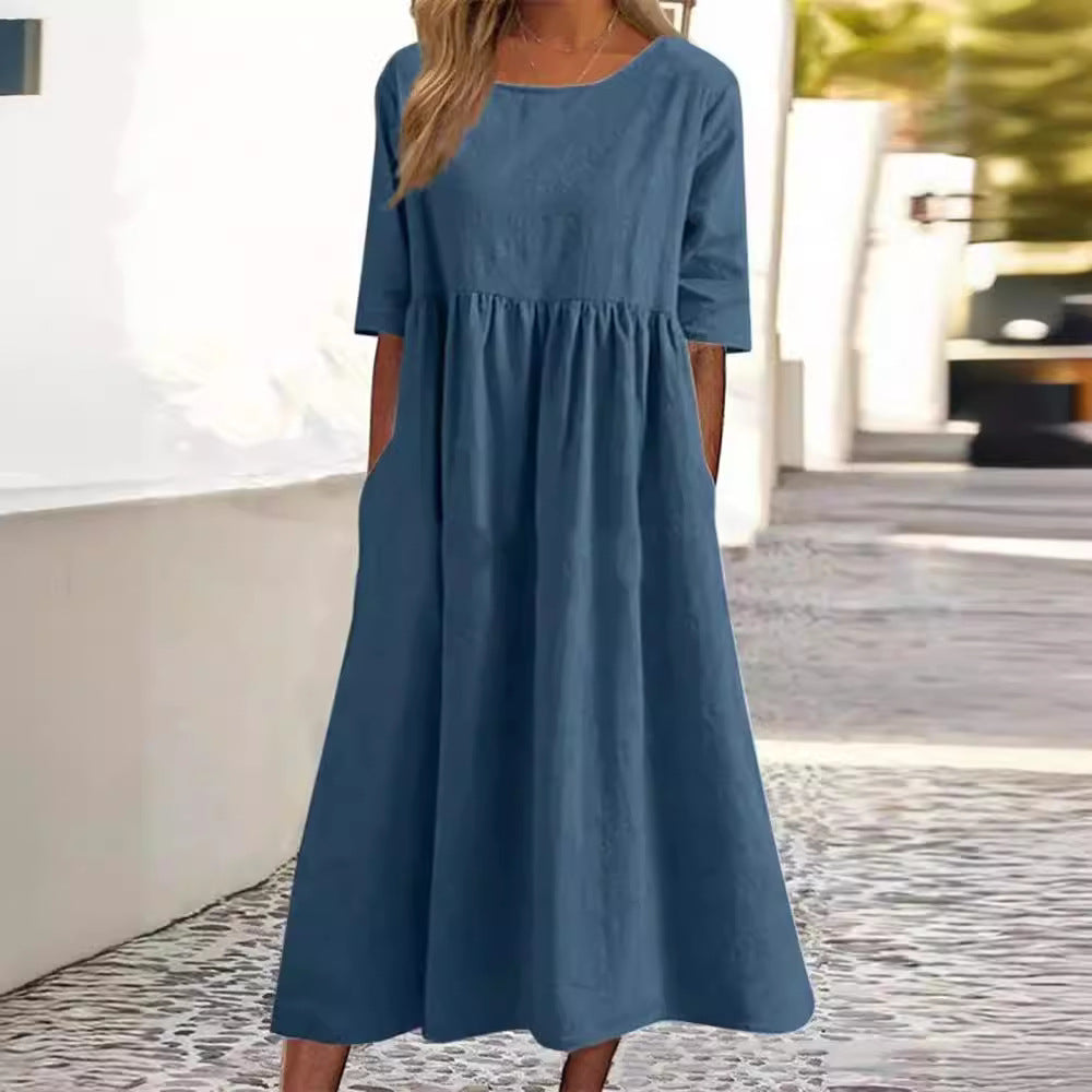 Sleeve Large Casual Loose Long Solid Color Cotton Dresses