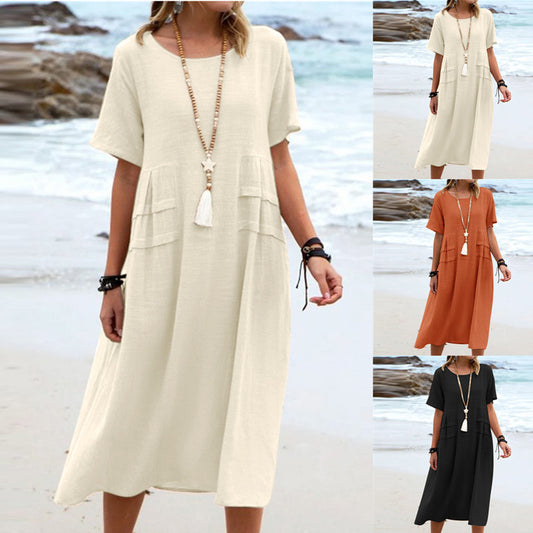 Women's Casual Cotton And Linen Solid Color Round Neck Sleeves Dresses