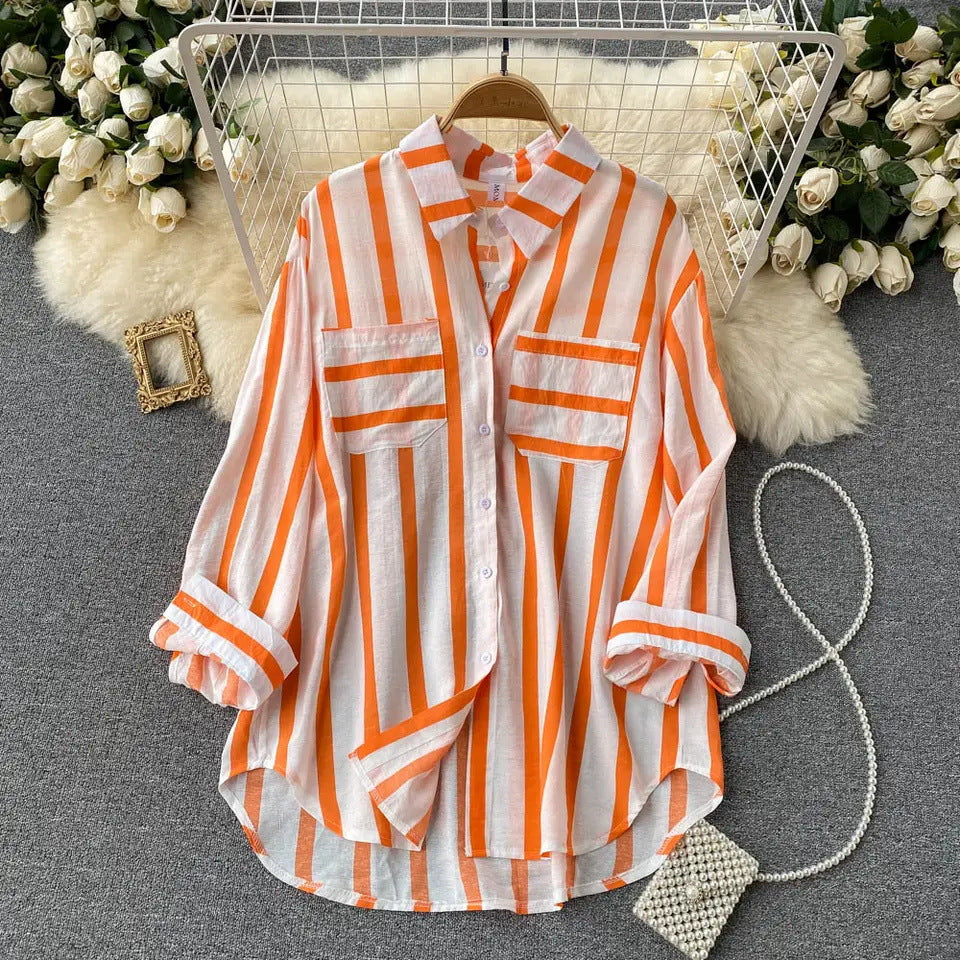 Mid-length Vertical Stripes Shirt Female Korean Blouses