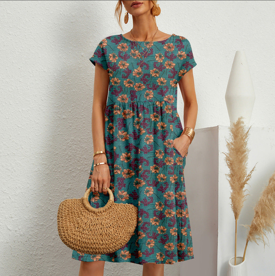 Women's And Linen Sleeveless Round Neck Printed Dresses