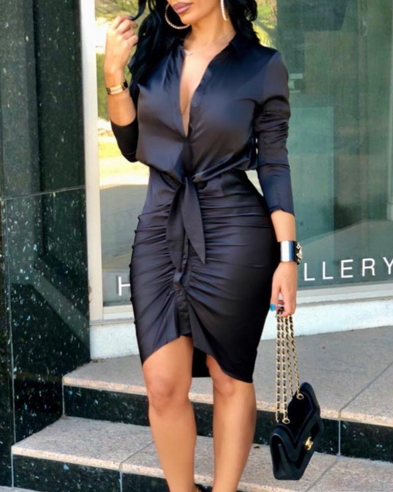 Women's Summer V-neck Lace-up Solid Color Long Sleeve Dresses