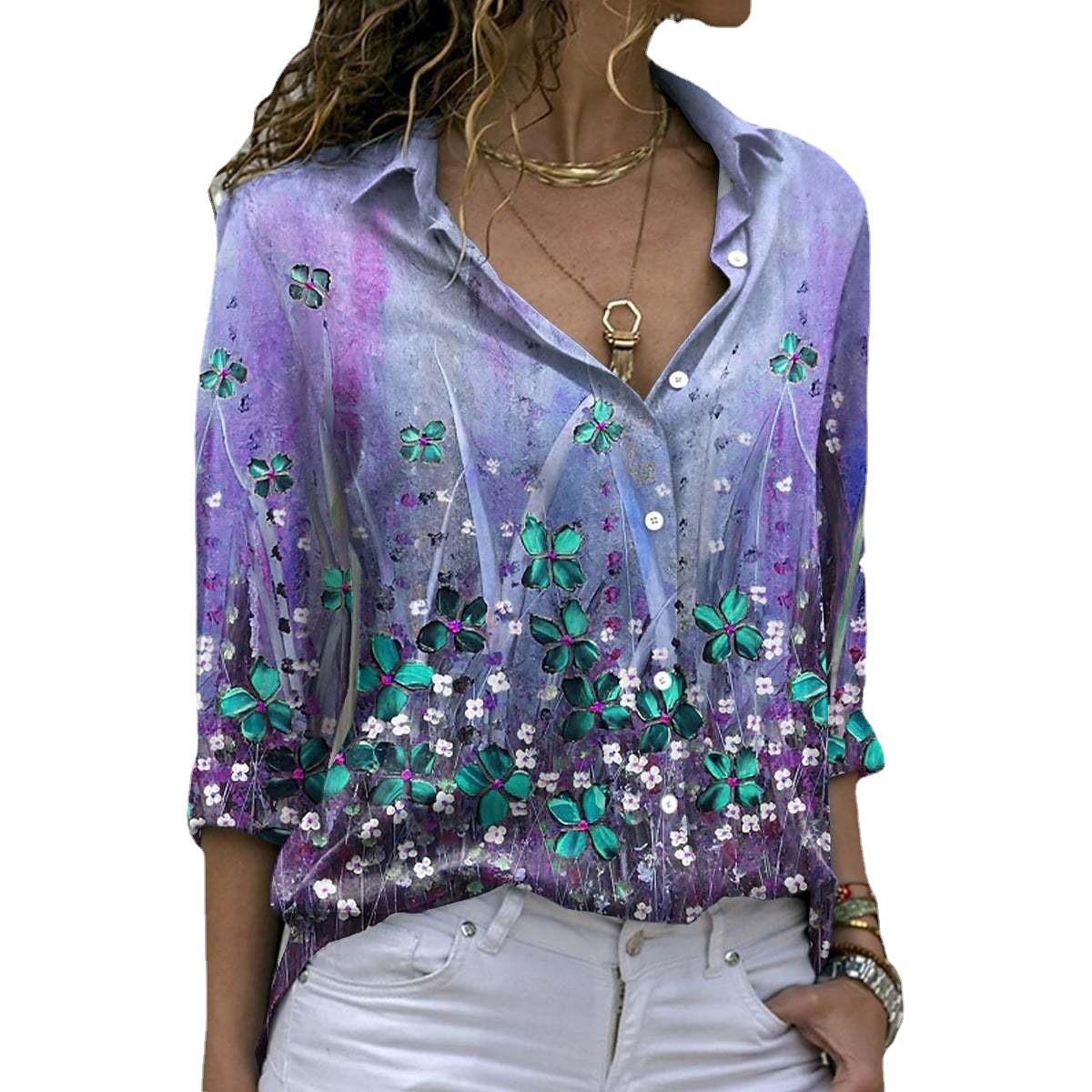 Flower Print Long Sleeve Lapel Shirt Blouses