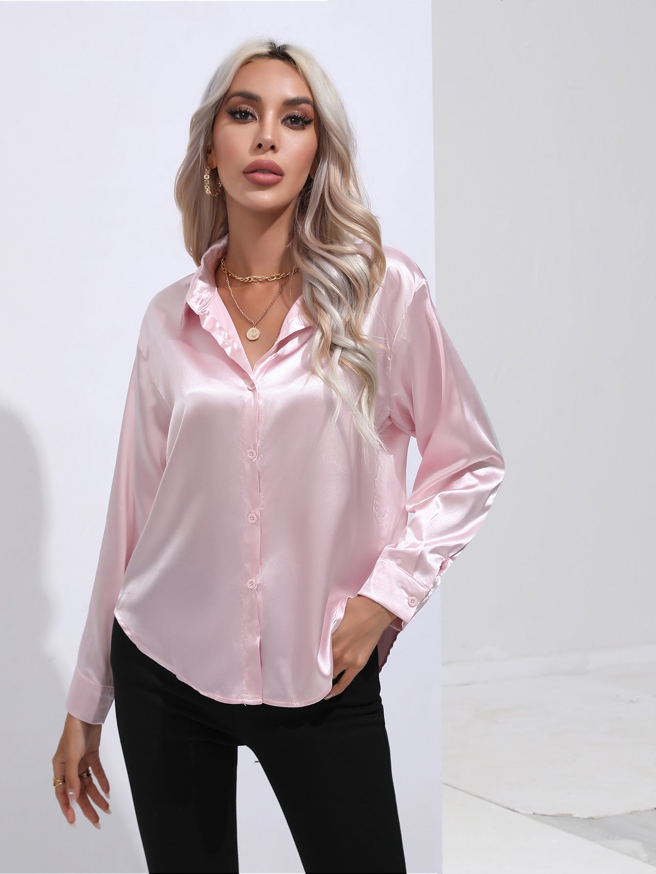 Women's Attractive Pretty Satin Shirt Long-sleeved Blouses