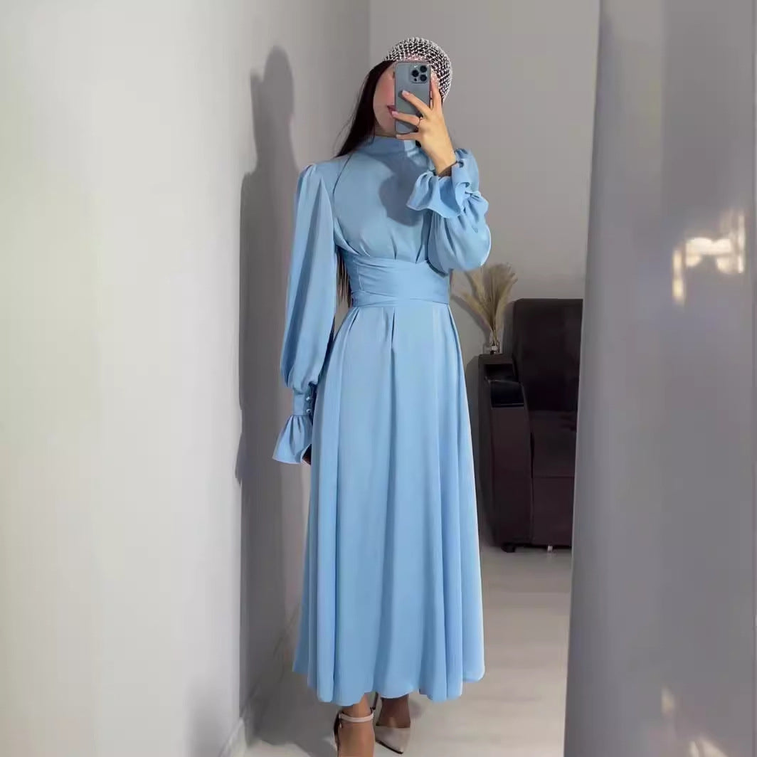 Long Sleeve Waist Puff Solid Color Dresses