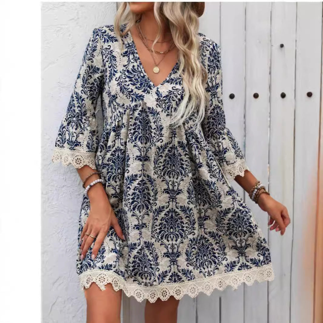 Popular Fashion Printed Lace Sleeve Dress Dresses