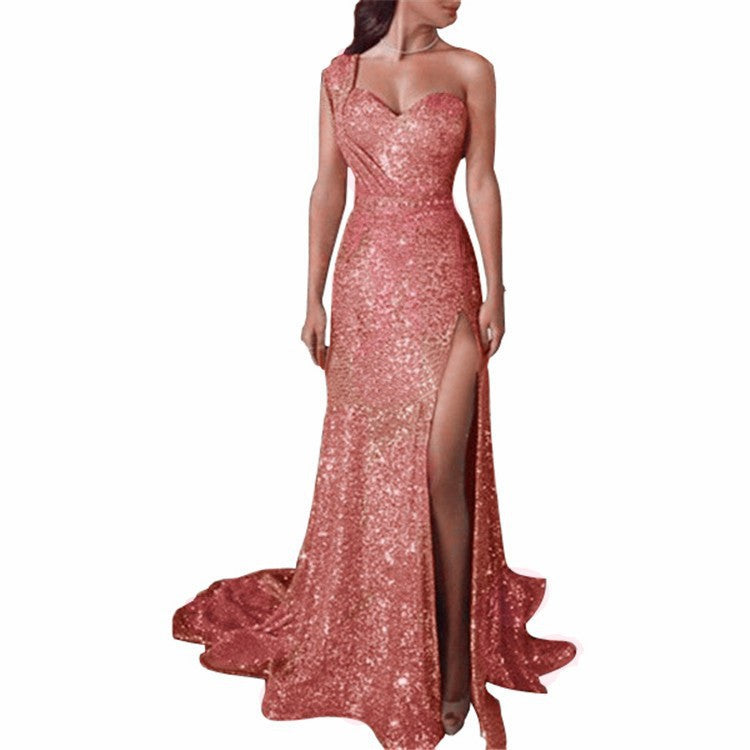 Women's Banquet Temperament Sexy One-shoulder Long Gilding Dresses