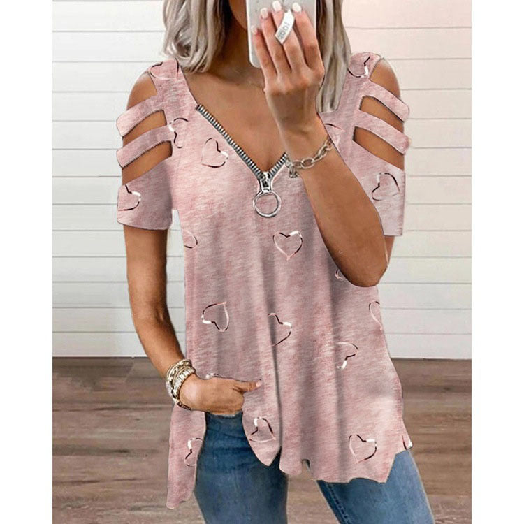 Women's Collar Zipper Print Sleeve Loose-fitting Casual Blouses