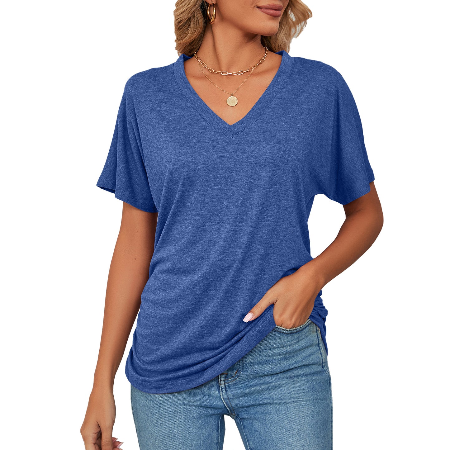 Women's Summer Leisure Pullover V-neck Solid Color Blouses