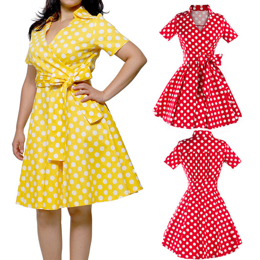 Women's Retro Wide Hem Midi Dress Dot Skirts